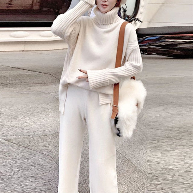 JXMYY sweater set women tracksuit  knitted  2 piece set warm turtleneck sweater pullovers wide legs pants