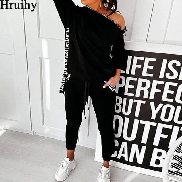 Two Piece Set Women Solid Hoodied Sweatshirt&woman Pants Ribbon Patchwork Letter Print Tracksuit