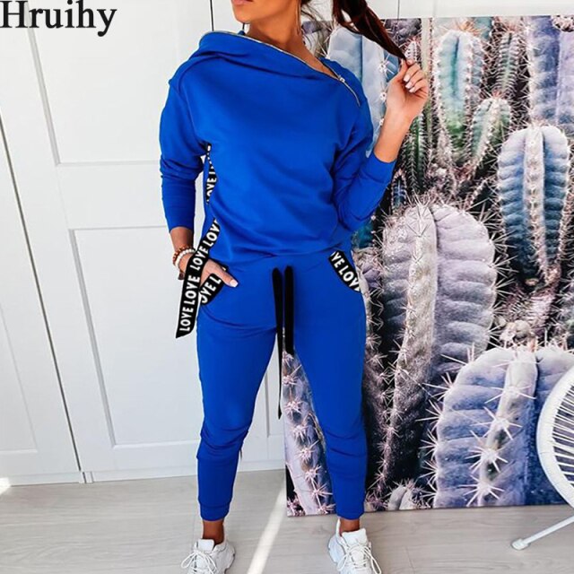 Two Piece Set Women Solid Hoodied Sweatshirt&woman Pants Ribbon Patchwork Letter Print Tracksuit