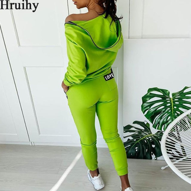 Two Piece Set Women Solid Hoodied Sweatshirt&woman Pants Ribbon Patchwork Letter Print Tracksuit