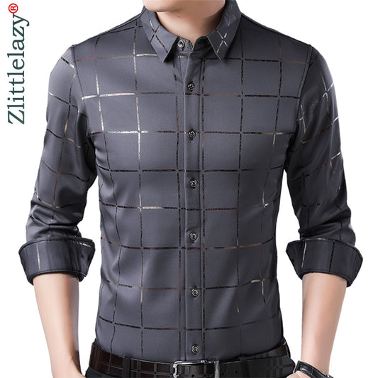 2021 Brand Casual Spring Luxury Plaid Long Sleeve Slim Fit