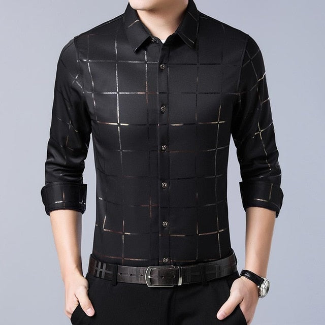 2021 Brand Casual Spring Luxury Plaid Long Sleeve Slim Fit