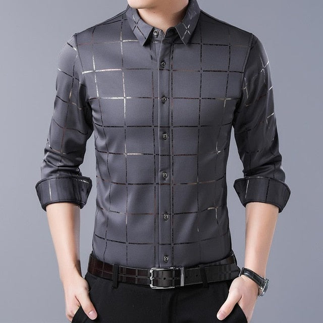 2021 Brand Casual Spring Luxury Plaid Long Sleeve Slim Fit