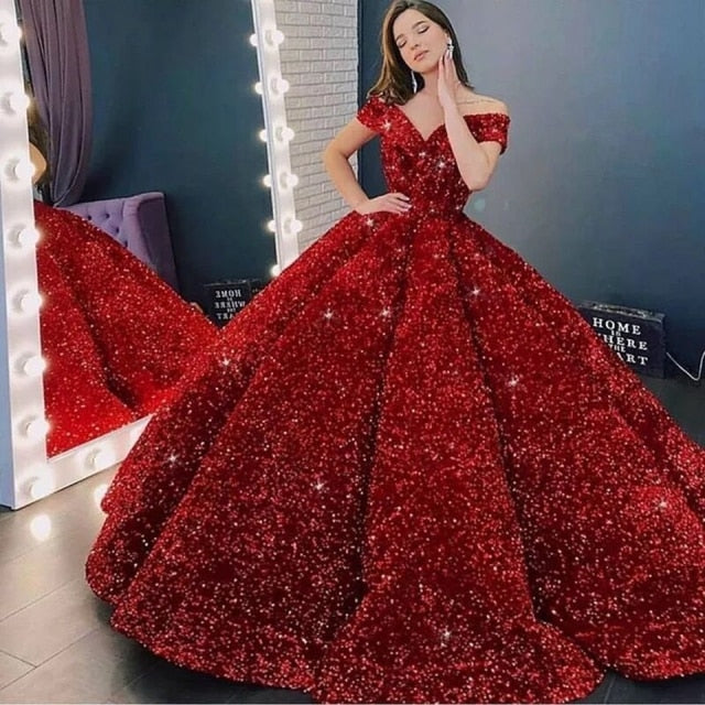 Luxury Ball Gown Sequin Evening Dresses 2021 Women Formal Party Night Off The Shoulder Robe De Soiree Elegant Long Prom Gowns