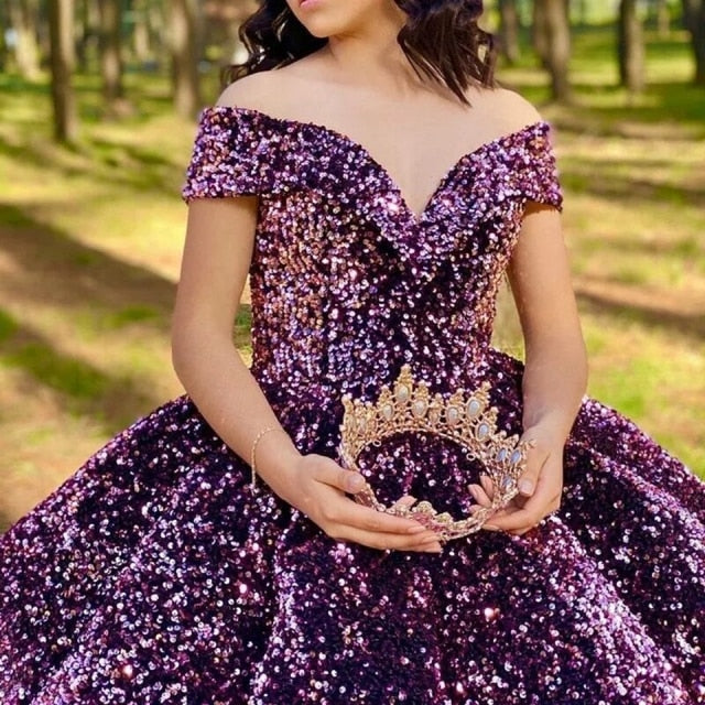 Luxury Ball Gown Sequin Evening Dresses 2021 Women Formal Party Night Off The Shoulder Robe De Soiree Elegant Long Prom Gowns