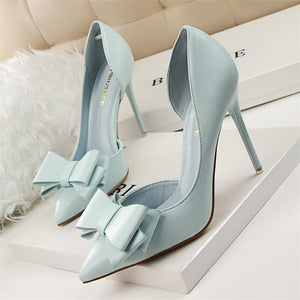 2021 Fashion Delicate Sweet Bowknot High Heel Shoes Side Hollow Pointed Women Pumps Pointed Toe 10.5CM thin Dress Shoes