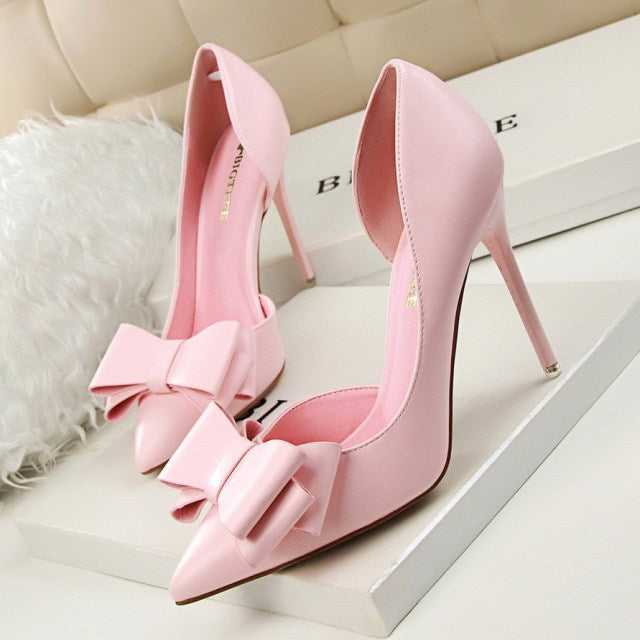 2021 Fashion Delicate Sweet Bowknot High Heel Shoes Side Hollow Pointed Women Pumps Pointed Toe 10.5CM thin Dress Shoes