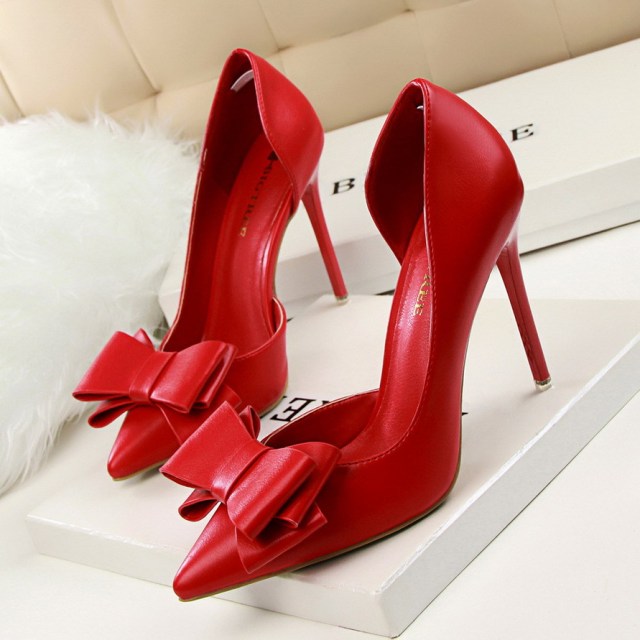 2021 Fashion Delicate Sweet Bowknot High Heel Shoes Side Hollow Pointed Women Pumps Pointed Toe 10.5CM thin Dress Shoes