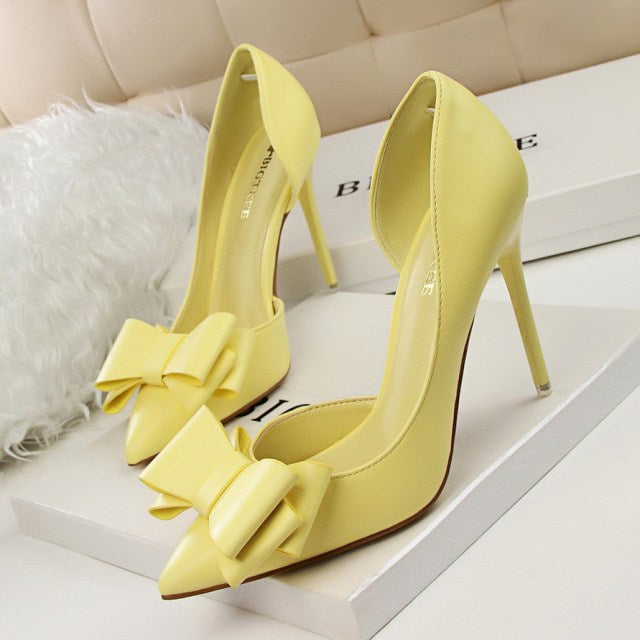 2021 Fashion Delicate Sweet Bowknot High Heel Shoes Side Hollow Pointed Women Pumps Pointed Toe 10.5CM thin Dress Shoes