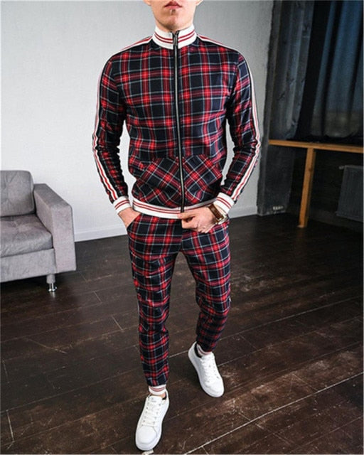 New 3D Colorful Plaid Men Sport Zipper suit Autumn Tracksuit Set Male Sweatshirt Running Jackets Men Tracksuit Sets gym Mens set