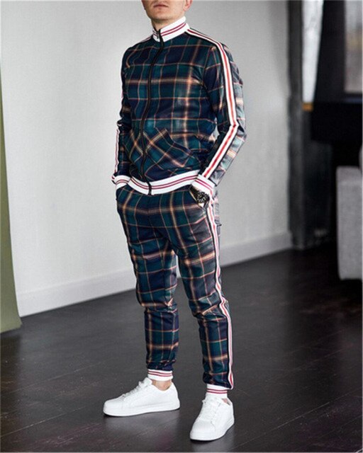 New 3D Colorful Plaid Men Sport Zipper suit Autumn Tracksuit Set Male Sweatshirt Running Jackets Men Tracksuit Sets gym Mens set