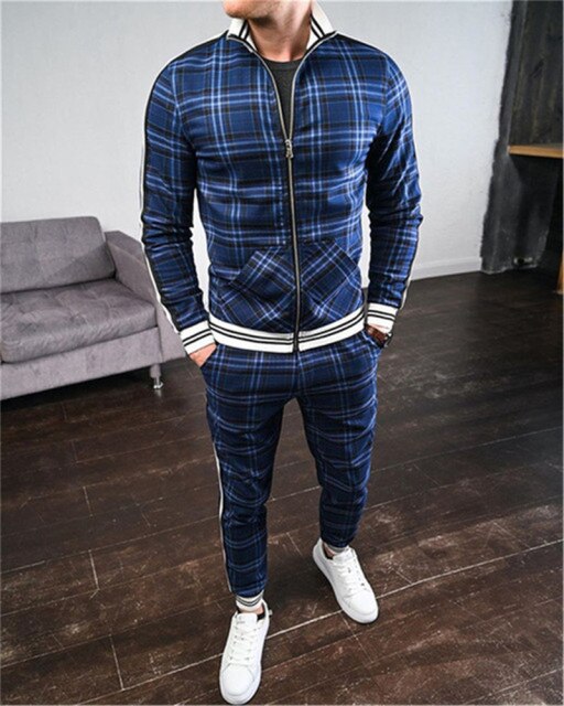 New 3D Colorful Plaid Men Sport Zipper suit Autumn Tracksuit Set Male Sweatshirt Running Jackets Men Tracksuit Sets gym Mens set