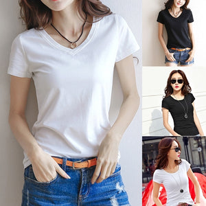 Women Basic Tee Shirt Casual V-Neck Short Sleeve Female Cotton Tee Slim Black White T-Shirt Streetwear Lady Solid Tshirt Tops
