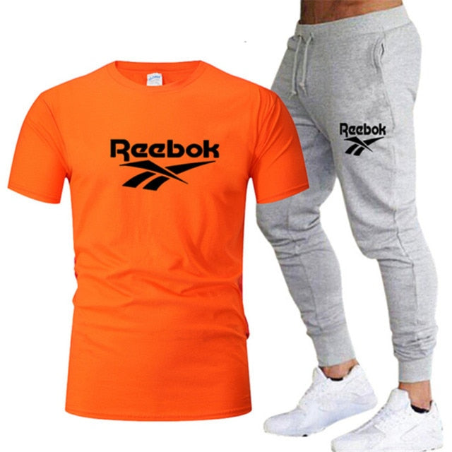 Summer new brand men's O-neck T-shirt + lace-up trousers two-piece fashion casual sportswear men's jogging fitness clothing