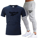 Summer new brand men's O-neck T-shirt + lace-up trousers two-piece fashion casual sportswear men's jogging fitness clothing