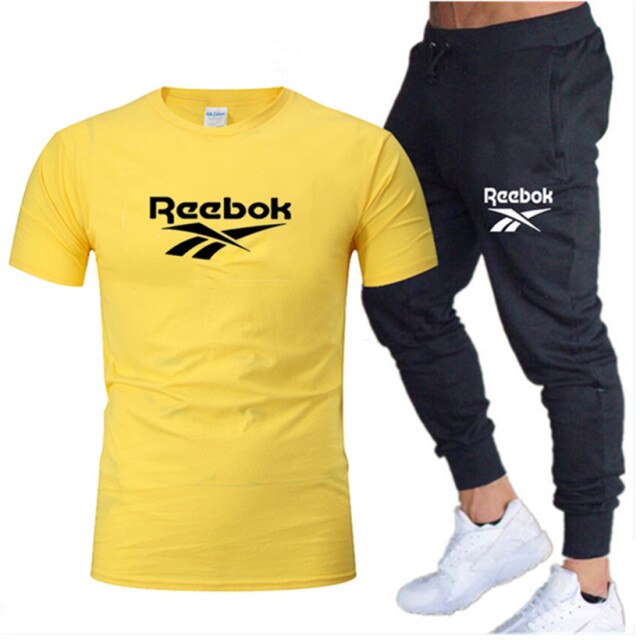 Summer new brand men's O-neck T-shirt + lace-up trousers two-piece fashion casual sportswear men's jogging fitness clothing