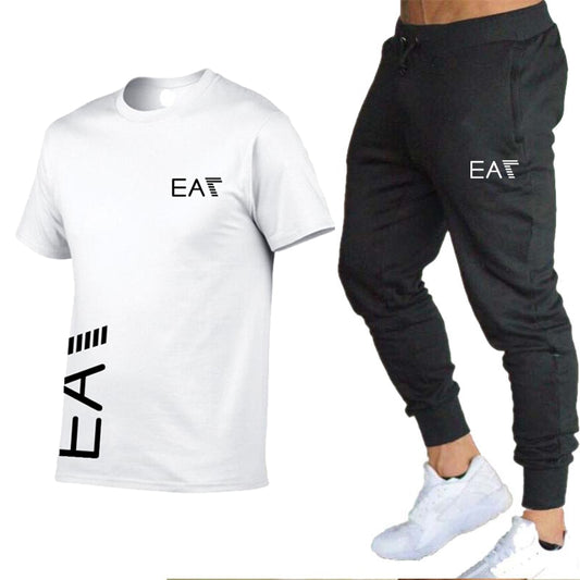 MEN cotton men's white T-shirt 2-piece sportswear men's short sleeve + pants pullover sportswear suit casual men's clothing