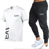 MEN cotton men's white T-shirt 2-piece sportswear men's short sleeve + pants pullover sportswear suit casual men's clothing