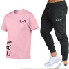 MEN cotton men's white T-shirt 2-piece sportswear men's short sleeve + pants pullover sportswear suit casual men's clothing