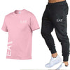 MEN cotton men's white T-shirt 2-piece sportswear men's short sleeve + pants pullover sportswear suit casual men's clothing