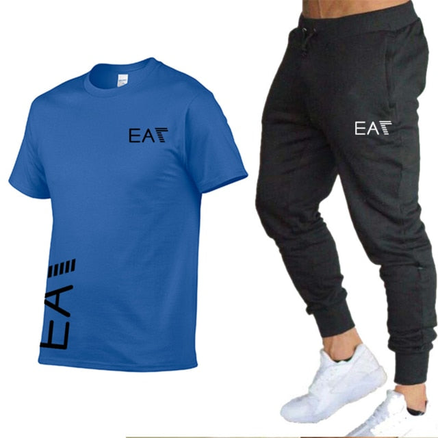 MEN cotton men's white T-shirt 2-piece sportswear men's short sleeve + pants pullover sportswear suit casual men's clothing