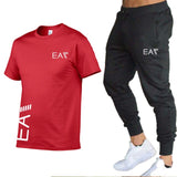 MEN cotton men's white T-shirt 2-piece sportswear men's short sleeve + pants pullover sportswear suit casual men's clothing