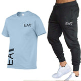 MEN cotton men's white T-shirt 2-piece sportswear men's short sleeve + pants pullover sportswear suit casual men's clothing