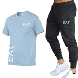 MEN cotton men's white T-shirt 2-piece sportswear men's short sleeve + pants pullover sportswear suit casual men's clothing