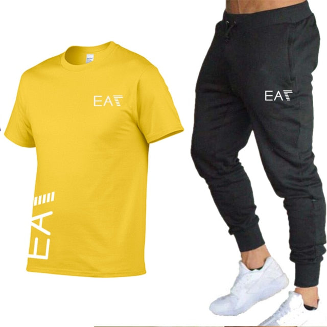 MEN cotton men's white T-shirt 2-piece sportswear men's short sleeve + pants pullover sportswear suit casual men's clothing