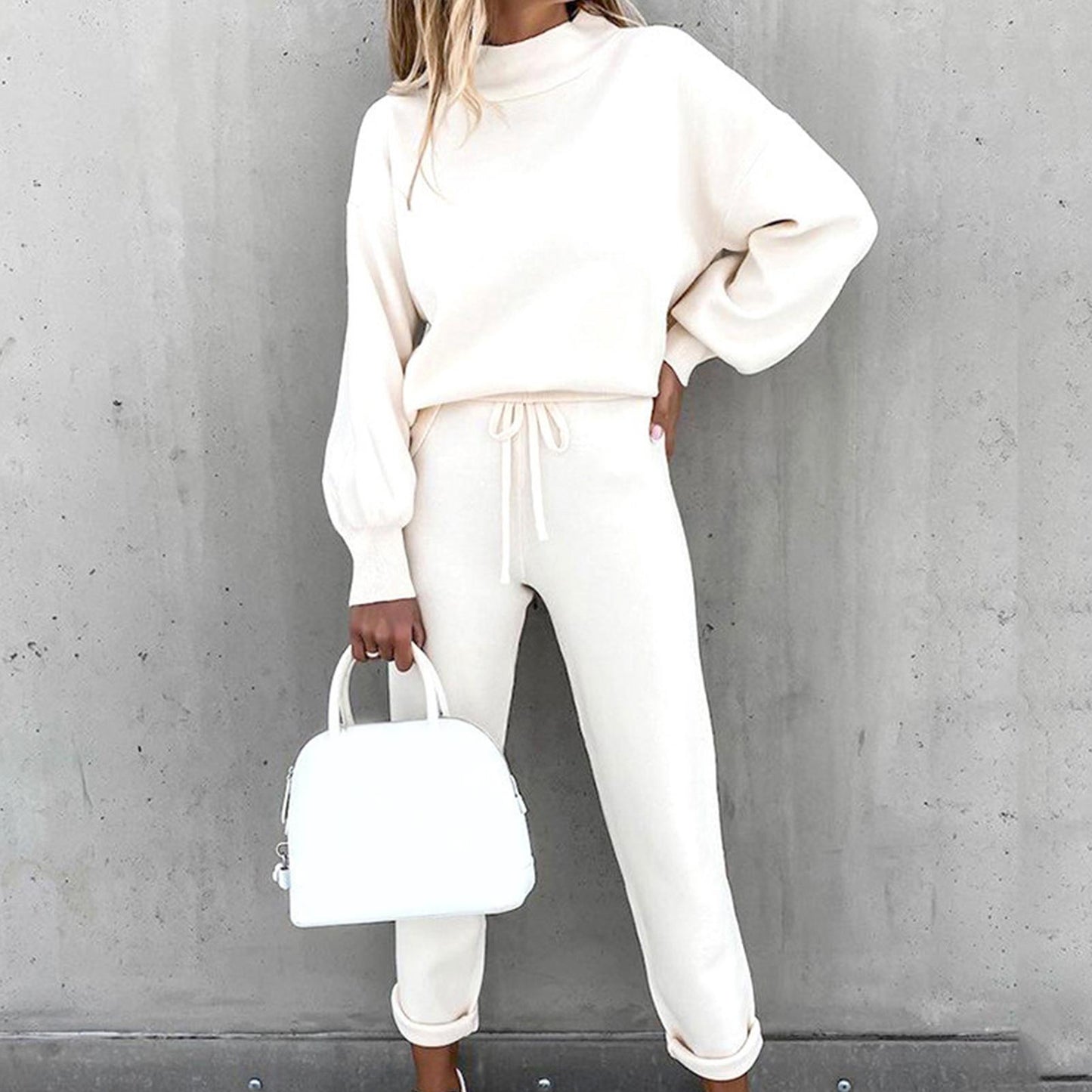 Solid Tracksuit Women Two Piece Oversize Sweatshirt Top and Stacked Pants Leisure Outfits