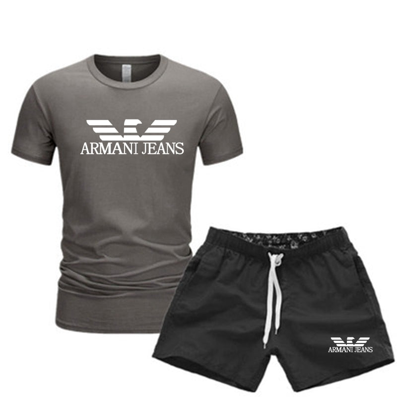 Men's T Shirts+Shorts Two Piece Tracksuit casual male