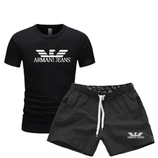 Men's T Shirts+Shorts Two Piece Tracksuit casual male