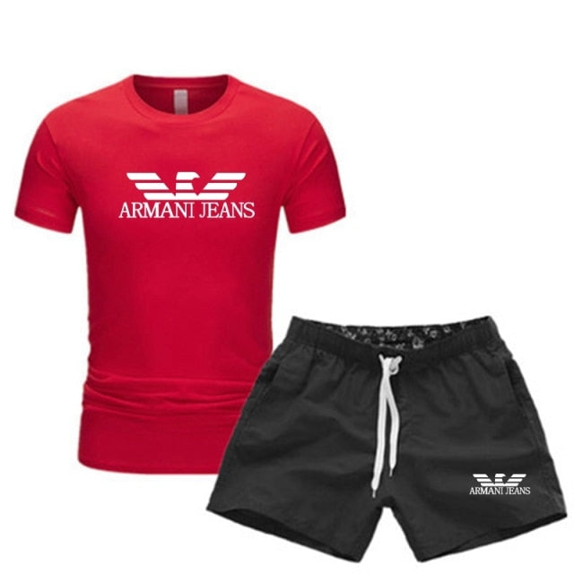 Men's T Shirts+Shorts Two Piece Tracksuit casual male