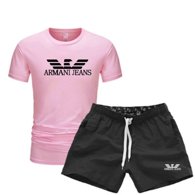 Men's T Shirts+Shorts Two Piece Tracksuit casual male