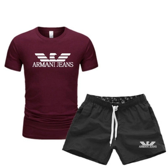 Men's T Shirts+Shorts Two Piece Tracksuit casual male