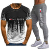 Men's t-shirt trousers hand-painted ink painting printing casual short-sleeved suit