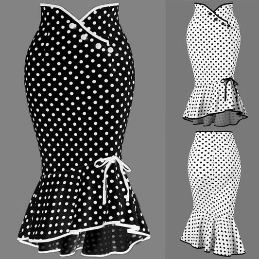 Summer Skirt Fashion Women High Waist Lady Office Skirt Sexy Slim Polka Dot Mermaid Skirt Trumpet Ruffle Women Work Office Skirt