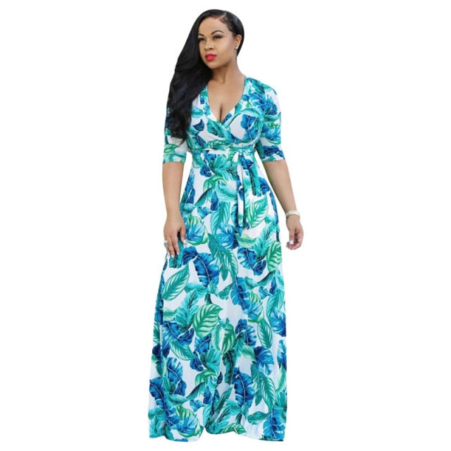 Women's Sexy V-Neck Seven-Sleeve Polyester Exquisite Casual  Dress Printed Plus Size Party Elegant Dress Wholesale Dropshpping