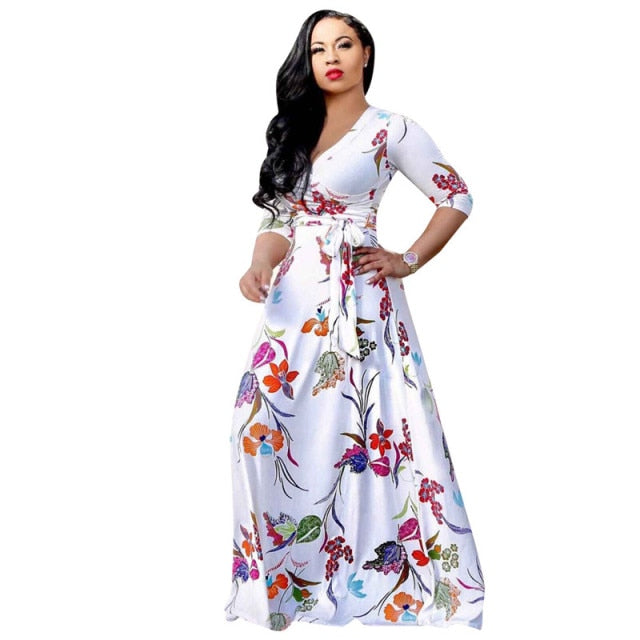 Women's Sexy V-Neck Seven-Sleeve Polyester Exquisite Casual  Dress Printed Plus Size Party Elegant Dress Wholesale Dropshpping