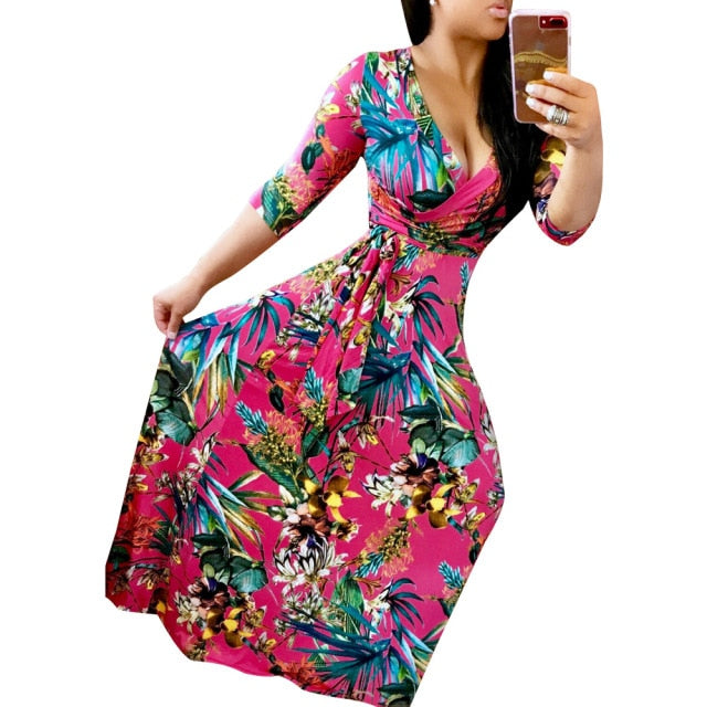 Women's Sexy V-Neck Seven-Sleeve Polyester Exquisite Casual  Dress Printed Plus Size Party Elegant Dress Wholesale Dropshpping