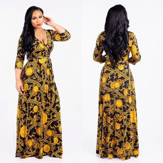 Women's Sexy V-Neck Seven-Sleeve Polyester Exquisite Casual  Dress Printed Plus Size Party Elegant Dress Wholesale Dropshpping