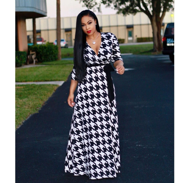 Women's Sexy V-Neck Seven-Sleeve Polyester Exquisite Casual  Dress Printed Plus Size Party Elegant Dress Wholesale Dropshpping