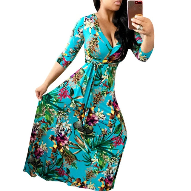 Women's Sexy V-Neck Seven-Sleeve Polyester Exquisite Casual  Dress Printed Plus Size Party Elegant Dress Wholesale Dropshpping