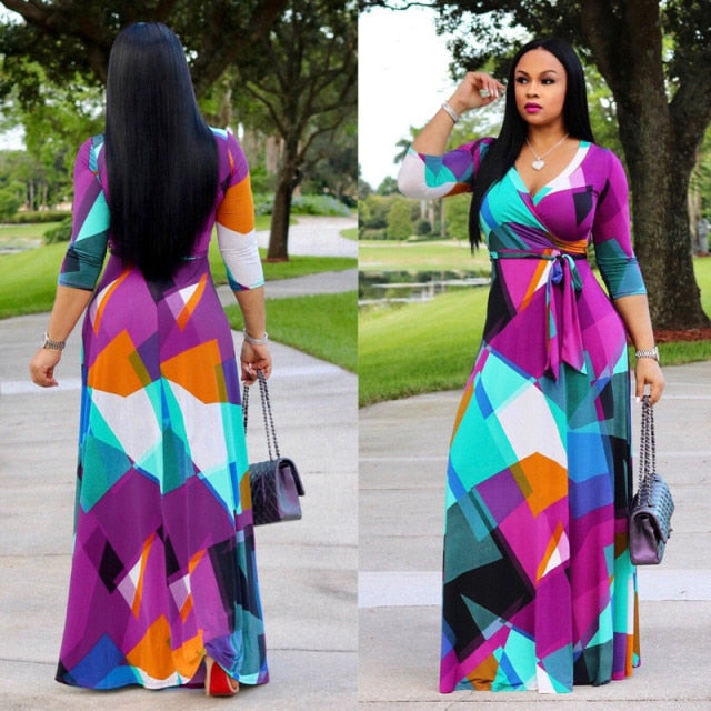 Women's Sexy V-Neck Seven-Sleeve Polyester Exquisite Casual  Dress Printed Plus Size Party Elegant Dress Wholesale Dropshpping