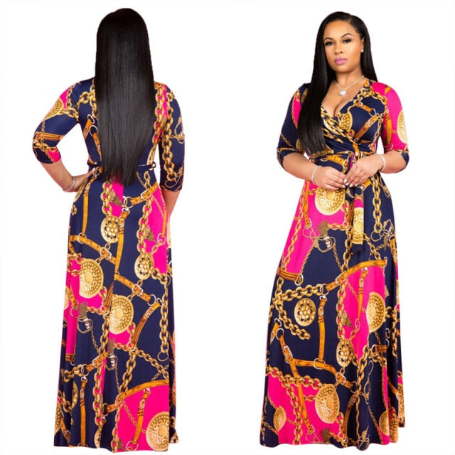 Women's Sexy V-Neck Seven-Sleeve Polyester Exquisite Casual  Dress Printed Plus Size Party Elegant Dress Wholesale Dropshpping