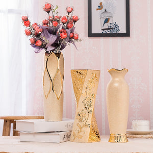 Baroque Luxury Resplendent Vase Gilded Flower Holder Resin Ceramic Flower Vase Decorative Vases Golden Decoration Plated Vase