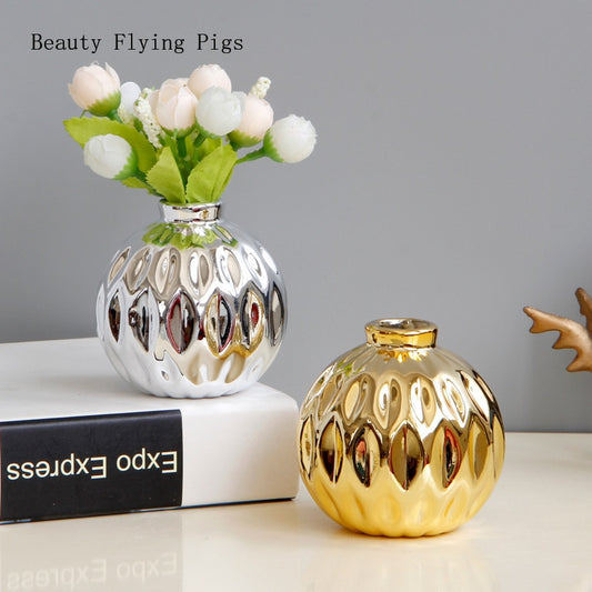 Creative European-style Silver Golden Ceramic Small Flower Vase Embossed Fish Lip Pattern Crafts Living Room Office Decoration