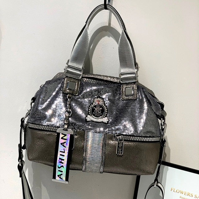 Female Iridescent Paillette Artificial Leather Handbag Women Design Tide Fashion Pockets Holographic Sparkle Shiny Messenger Bag