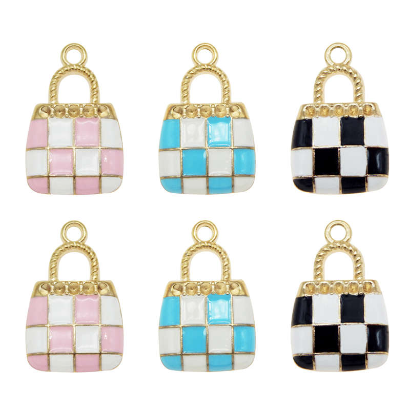 Julie Wang 10PCS Enamel Handbag Charms Alloy Gold Tone Women Plaid Bag Charm Necklace Pendant Findings Jewelry Making Accessory