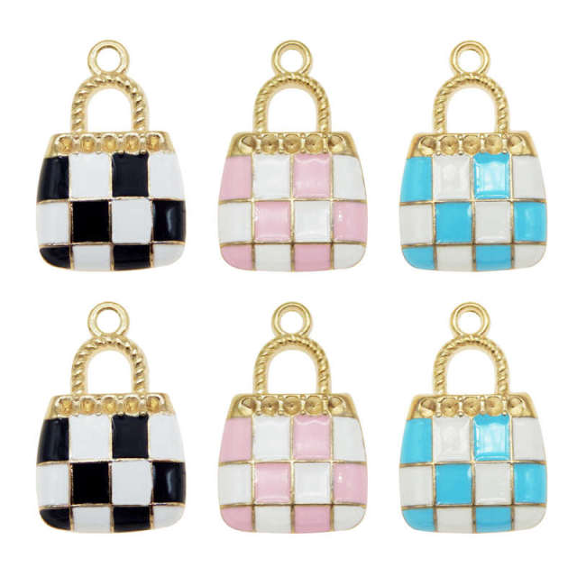 Julie Wang 10PCS Enamel Handbag Charms Alloy Gold Tone Women Plaid Bag Charm Necklace Pendant Findings Jewelry Making Accessory